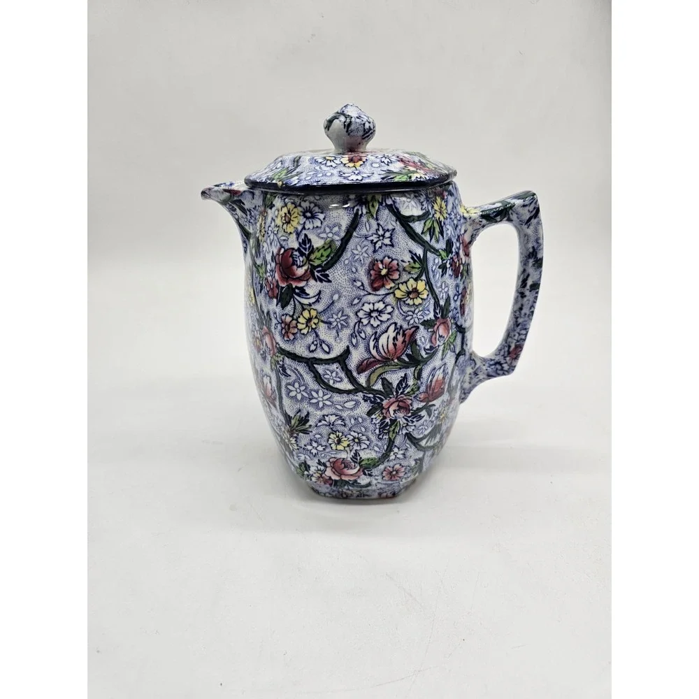 Ringtons Tea Merchants Maling Ware Blue Chinz Hot Water Coffee Pitcher‎ W/ Lid